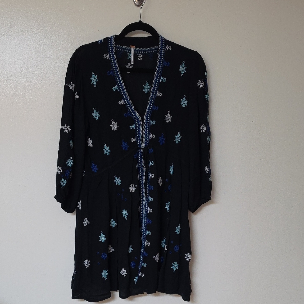 Free People Black Tunic Dress with Blue and White Embroidery